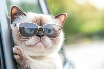 stylish cat wearing sunglasses leans out of car window, exuding cool and relaxed vibe. background features soft, blurred landscape, enhancing cat charming expression