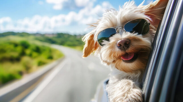 Fluffy dog in sunglasses leans out of car window, enjoying sunny day on road with joyful expression. scenic landscape adds to cheerful atmosphere