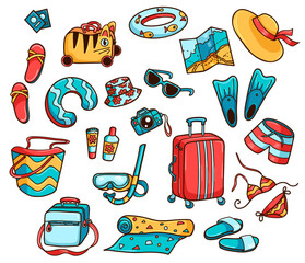 Set of things to travel. Stuff for beach holiday, sea vacations. Vector cartoon picture. Isolated on white. Hand drawn illustration, not AI.