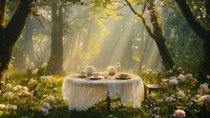 Tea party set in a dreamy forest scene with sunlight filtering through the trees and lush rose bushes.