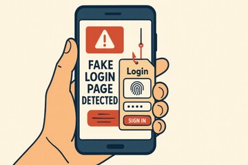 An illustration of a smartphone displaying a warning about a fake login page detected, highlighting the importance of cybersecurity and safe online practices.