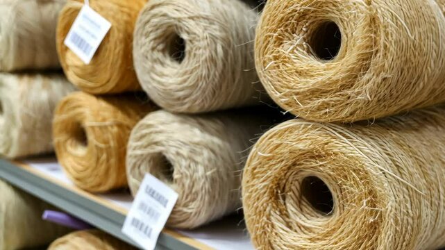 Rolls of natural twine and jute are displayed in a craft store, showcasing earthy colors ideal for a range of DIY projects and crafts