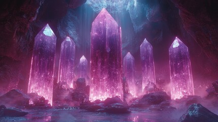A mystical crystal cave, where luminescent blue and violet crystals grow from the rocky walls, casting a magical glow that illuminates the underground chamber. 
