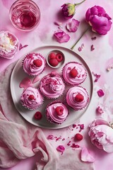 Pink raspberry cupcakes with fresh berries and flowers on pastel background