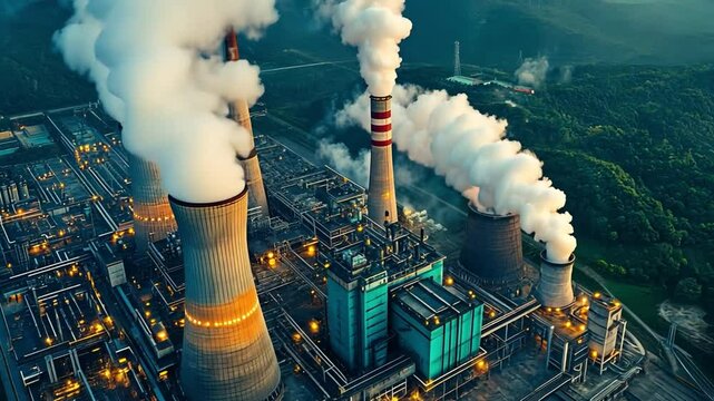 Industrial Landscape: An expansive aerial view of a massive industrial complex, complete with towering smokestacks billowing clouds of steam, suggesting the scale and impact of industry.