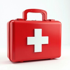 Obraz premium Red Plastic First Aid Kit Box with White Cross on White Background