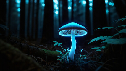 Fototapeta premium Glowing mushroom with blue shimmer in a night forest 