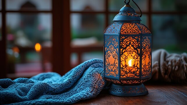 A radiant, handcrafted Arabic lantern, a symbol of joy and celebration, illuminates a tranquil scene, inviting copy space to highlight the beauty and cultural significance of this iconic Ramadan 