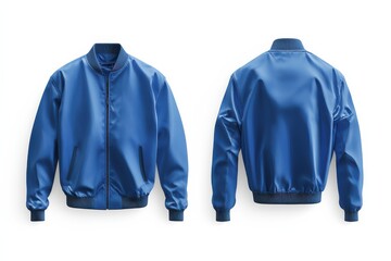 Stylish blue bomber jacket on display showcasing front and back view in a clean, modern setting