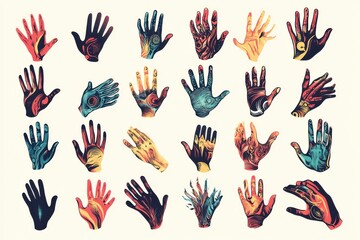 Fototapeta premium Colorful hands with intricate designs displayed in a creative arrangement showcasing diverse artistic styles