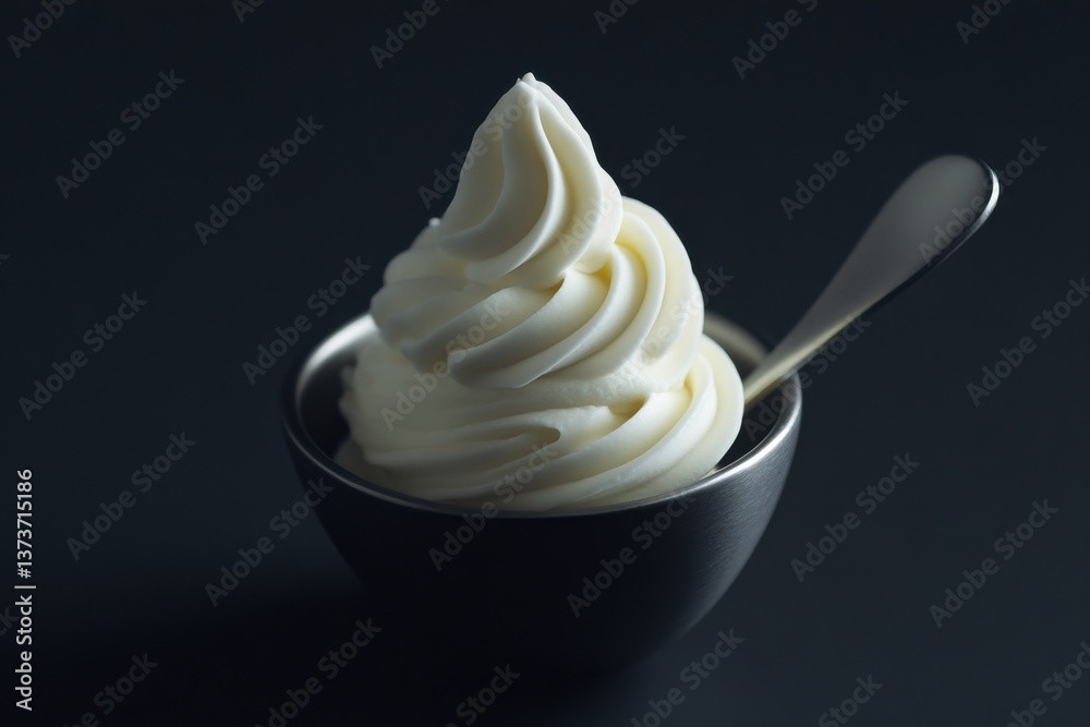 Poster soft serve ice cream served in a small black bowl with a silver spoon on a dark background