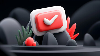3D Render of Red and White Check Mark Icon on Dark Grey Rocks
