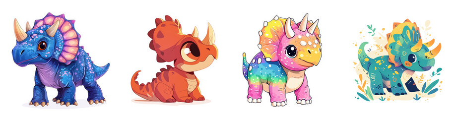 Fototapeta premium Adorable Baby Triceratops Dinosaurs Cartoon Illustration Set for Kids