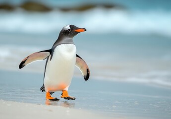 Naklejka premium cute penguin walking along the beach with wings outstretched and ocean waves in the background