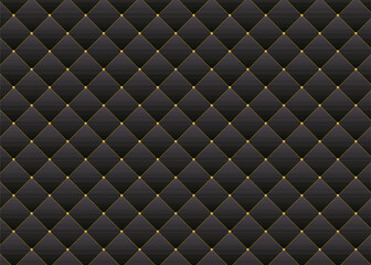 Black texture tufted upholstery leather sofa with gold stitching. Dark luxury quilted pattern background vector.