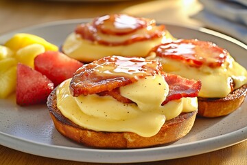 Golden Hour Brunch Elegance - 8K Eggs Benedict Artistry | Hollandaise Drizzle & Sunlit Tabletop Photography