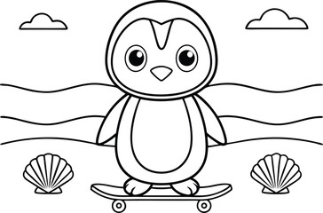 Cartoon Penguin on Skateboard Outline with Seashells and Clouds on Transparent Background
