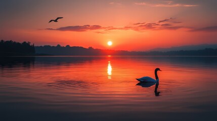 Fototapeta premium Serene twilight at the lakeside with a swan gliding beneath a vibrant sunset sky