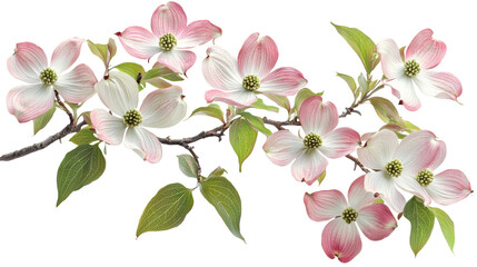 Blossom flower concept. Delicate pink and white dogwood or cherry blossom flowers in full bloom on green leafy tree branches creating a picturesque and serene springtime scene