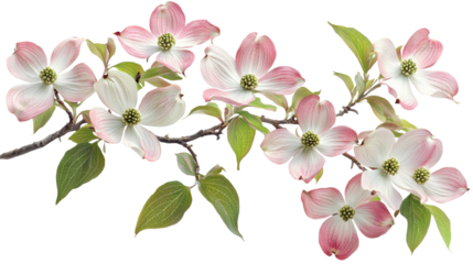Blossom flower concept. Delicate pink and white dogwood or cherry blossom flowers in full bloom on green leafy tree branches creating a picturesque and serene springtime scene