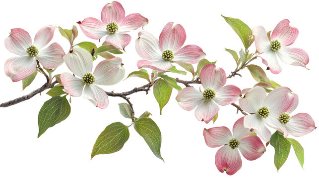 Blossom flower concept. Delicate pink and white dogwood or cherry blossom flowers in full bloom on green leafy tree branches creating a picturesque and serene springtime scene
