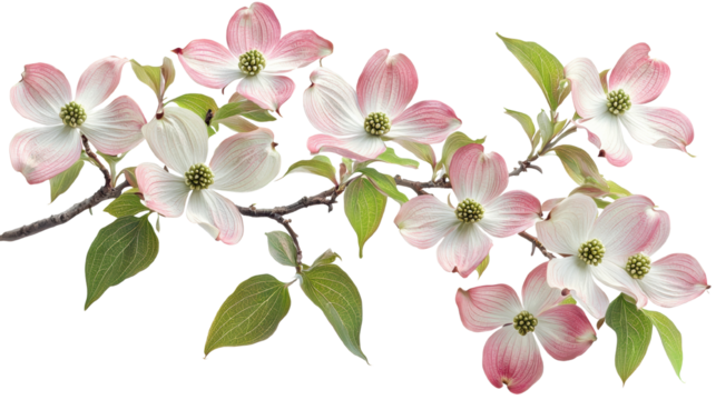 Blossom flower concept. Delicate pink and white dogwood or cherry blossom flowers in full bloom on green leafy tree branches creating a picturesque and serene springtime scene