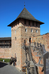 Lubart's Castle, Lutsk, Ukraine. Towers, defensive walls, wooden galleries and stairs, inner courtyard