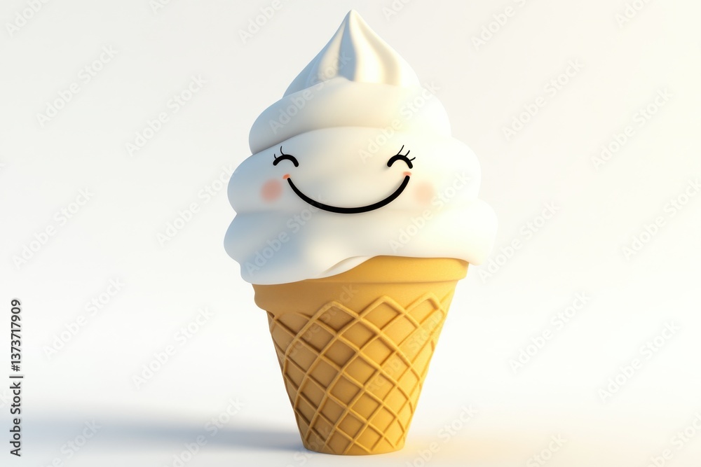 Poster smiling ice cream cone on a light background delights with its cheerful appearance and creamy textur