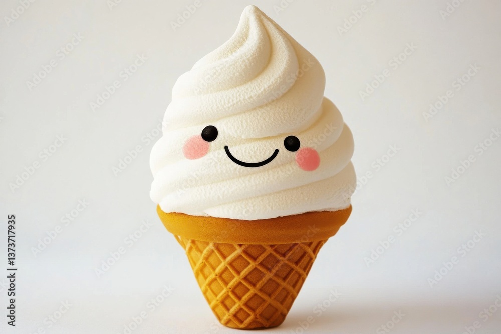 Poster Cute cartoon ice cream cone with a smiling face and soft serve design in a light background