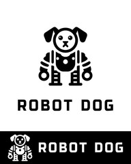A futuristic black and white logo design featuring a mechanical canine or robot dog