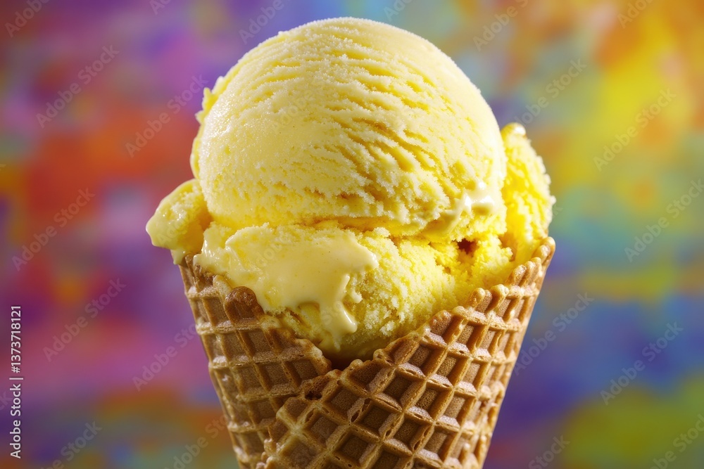 Aufkleber delicious yellow ice cream in a waffle cone against a colorful background during a summer afternoon