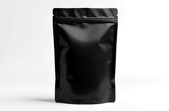 Blank craft plastic pouch, black packages big and small on white background, mylar bags isolated for coffee or food, cosmetic products, snack, candy. Different sizes, mock up. white background.