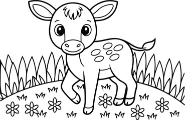 Cute Cartoon Baby Deer Outline with Spots in Meadow, Line Art on White