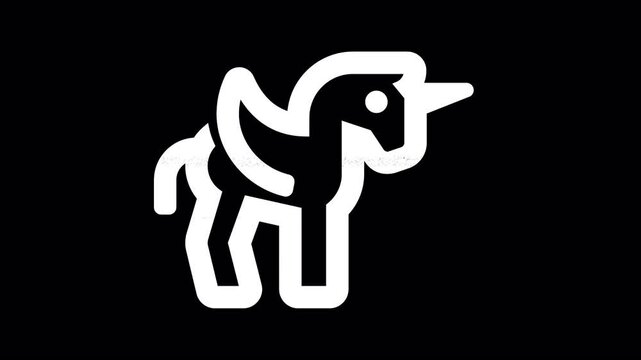 Icon alicorn is distorted. Glitch. Noise, chromatic aberration, geometric distortion. Transparent background, looped. In-Out looped. Alpha BW at the end