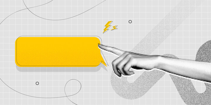 Trendy Halftone Collage Hand showing yellow speech bubble message. Social media communication. Empty space for quote, plan and idea. Creative dots abstract banner. Contemporary vector illustration art