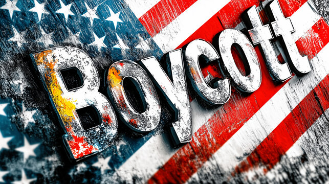 The word “Boycott” appears in bold, distressed lettering over a weathered American flag, blending protest symbolism with a gritty, urgent visual tone.