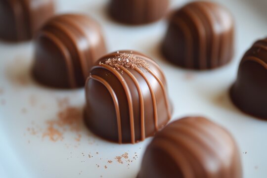 Delightful chocolate confections with elegant designs arranged on a display surface