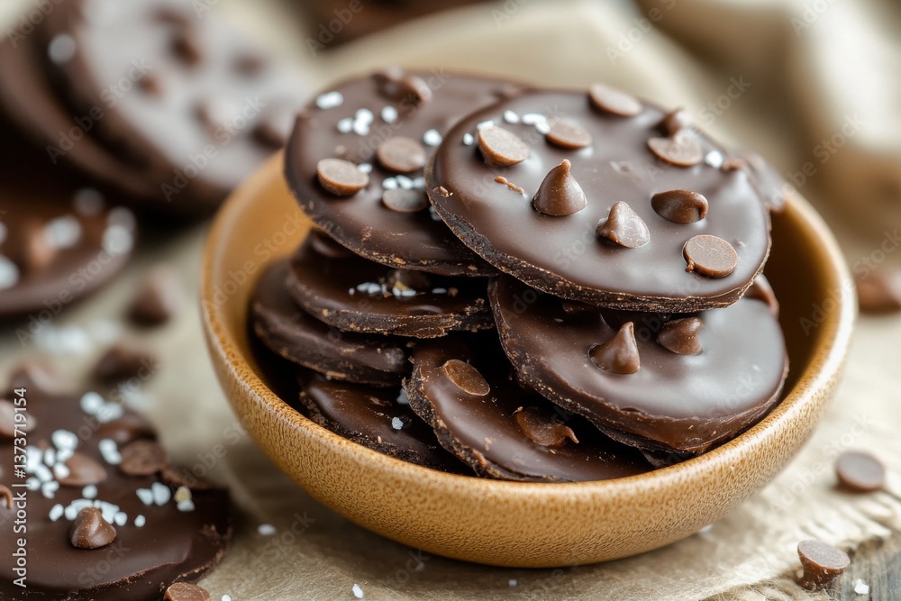 Aufkleber dark chocolate disks with chocolate chips and sea salt served in a rustic bowl