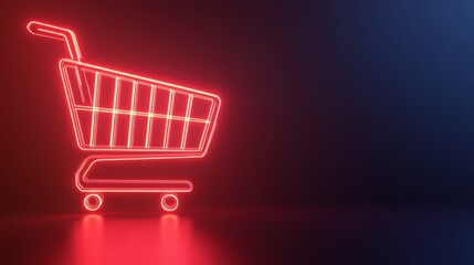 Glowing red neon shopping cart amidst dark background