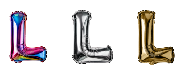 Ai Generated Set of Holographic Gold and Silver Metallic Foil Capital L Inflated Balloon Letters against Transparent Background
