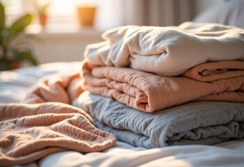 Soft, neatly folded blankets in warm colors on a cozy bed