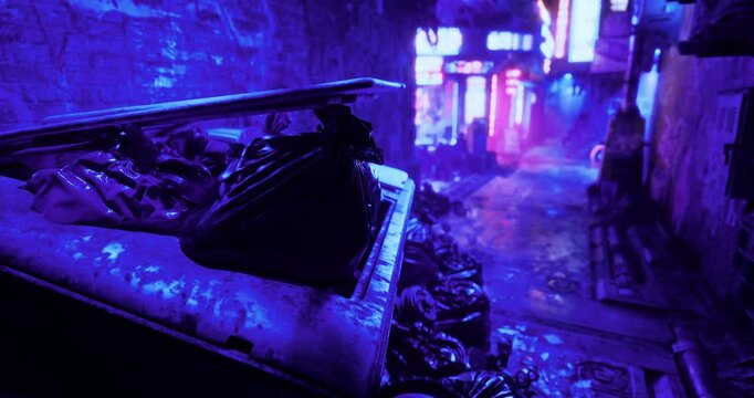 A narrow alley at night showcases vibrant neon lights illuminating trash bins overflowing with refuse. The wet pavement reflects vivid colors, creating a striking urban atmosphere.