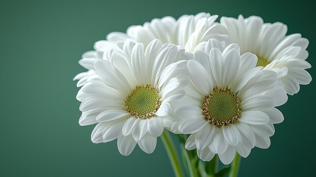 A vibrant green background serves as a neutral canvas for a flat lay composition, showcasing a white spring daisy bouquet adorned with delicate embellishments. The top-down perspective invites 