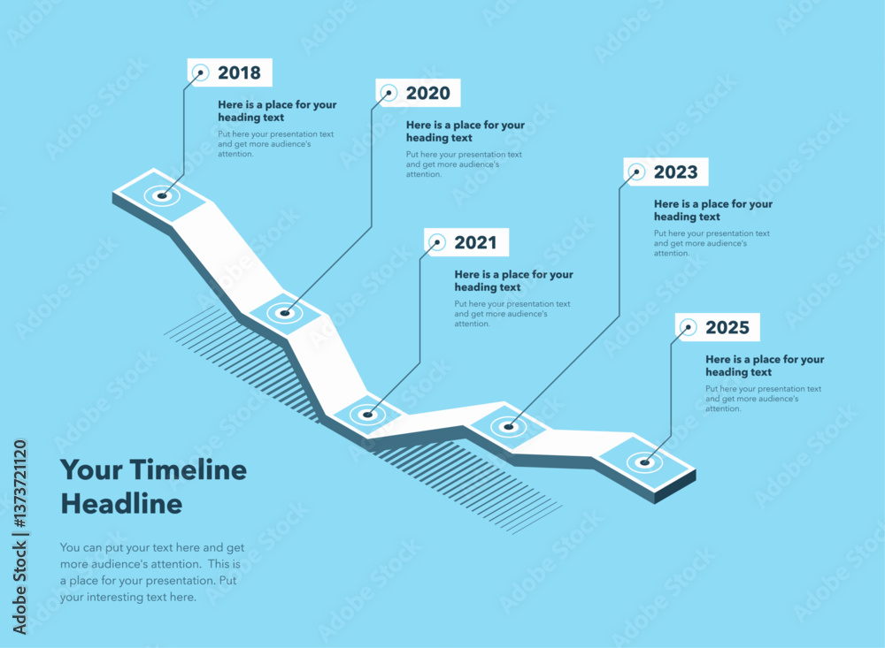 Poster Isometric timeline infographic template with five steps - blue version. SImple chart design for workflow layout, diagram, banner, web design.