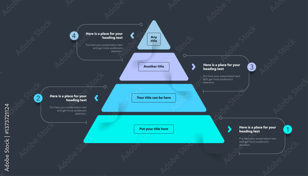 Poster Triangle pyramid chart template with four colorful steps - dark version. Infographic diagram divided into four options with numbers.