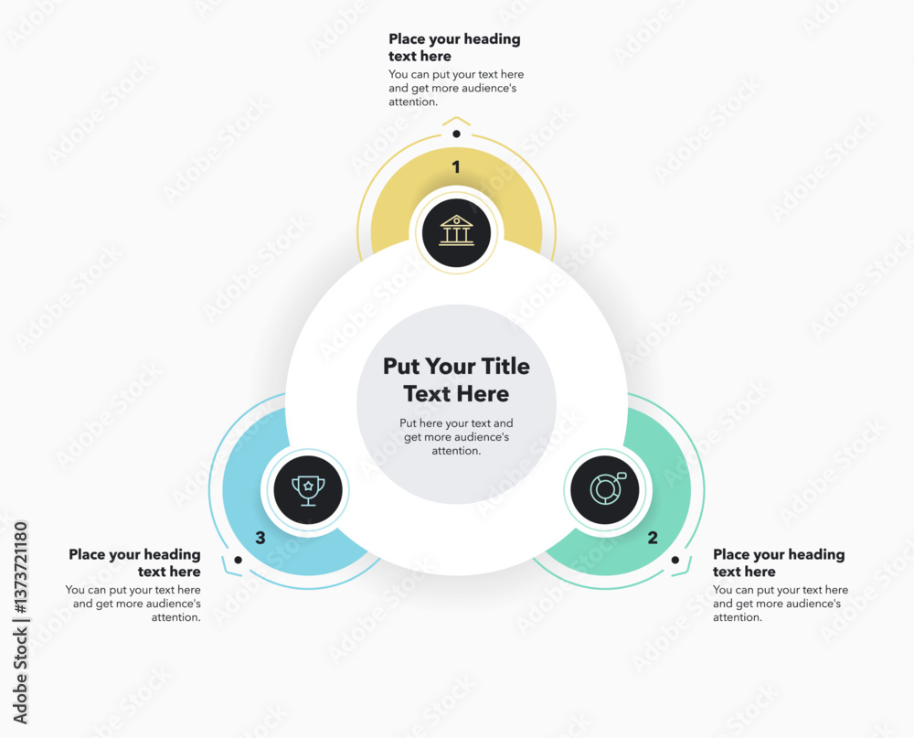 Poster Circular process diagram with three colorful options. Modern infographic design with numbers and minimalistic icons for website or data presentation.