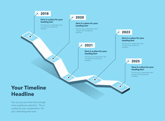 Isometric timeline infographic template with five steps - blue version. SImple chart design for workflow layout, diagram, banner, web design.
