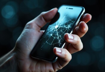 A hand holding a smartphone with a cracked screen displaying a spider web