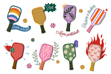 Collection of cute minimalist illustrations of pickleball rackets with different designs and patterns, phrases related to pickleball. Vector illustrations