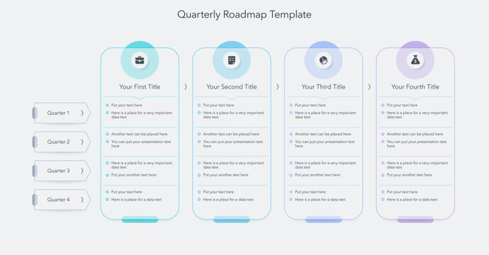 Modern infographic digram for quarterly roadmap with four sections. Flat design for website or data presentation.